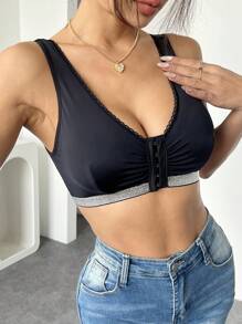1 pièce Soutien-gorge noir sans armature à micro-côtes pour femmes, à fermeture frontale, sexy et confortable