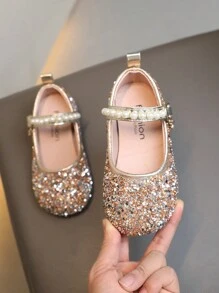 Nuove scarpe da principessa piatte per bambine con strass e perle, calzature versatili per feste, matrimoni e uso casual per bambini