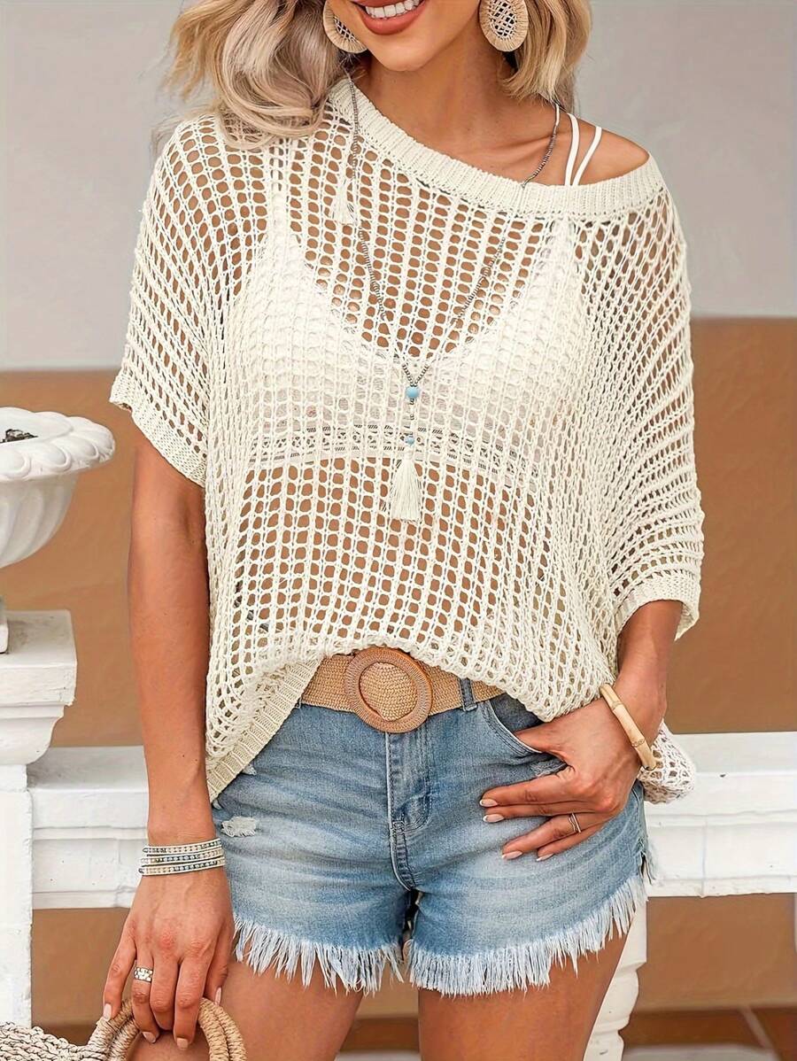 Vacation Clothing Women's Summer Fashion All-Match Hollow Hot Loose Solid Color Pullover Top - View 1