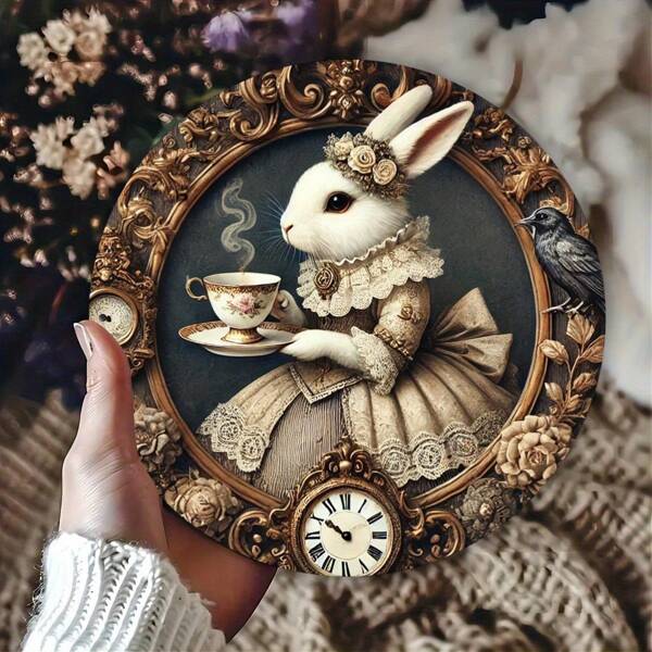 1 Pc Vintage Rabbit Design Wall Decor With Clock, 20.32 X 20.32 Cm Round Metal Signboard, Decorative Plaque Suitable For Home, Cafe, Restaurant, Garden, Indoor/Outdoor, Events & Party, Random Orientation Of Top, Bottom, Left And Right Holes, Home Decor, Room Decor, Wall Decor Easter Gifts Birthday Graduation