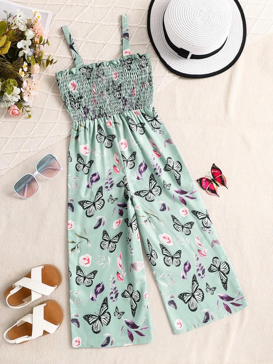 女童夏季新款花卉印花无袖连体衣，可爱休闲，适合幼儿和小女孩