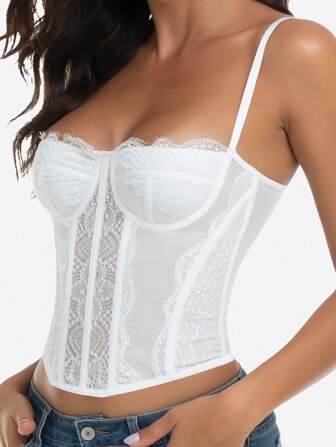 1 件套可爱紧身胸衣上衣，适合女士外出蕾丝网眼约会夜场上衣细肩带派对俱乐部上衣