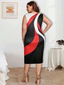 Plus Size Digital Print Sleeveless Bodycon Dress - Casual Fitted Dress For Women