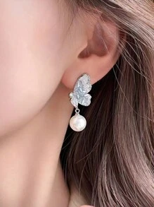 Pendientes tipo botón elegantes con flor de perla vintage, accesorios de joyería versátil y personalizada de estilo coreano
