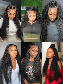 CEXXY 200Density 360 HD Water Wave Lace Front Wig Lace Closure Wig 360 Curly Human Hair Wigs For Women Human Hair 13x6 Hd Lace Front Brazilian Wigs 40 Inch Deep Wave Kinky Curly Human Hair Wigs - Natural Black - 查看 10