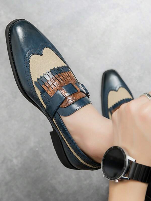 Retro Patchwork Pointed Toe Men's Dress Casual Leather Shoes