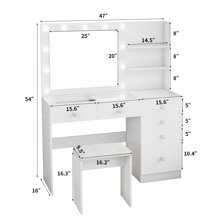 VOWNER Makeup Vanity Desk With Outlets, Large Mirror With Light Bulbs Color & Brightness Adjustable, 6 Drawers For Storage, Come With Stool, For Girls Women - Mặt bàn kính trắng - Xem 5