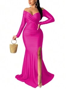 Fooullaide Womens Sexy Off Shoulder Long Sleeve Maxi Dress High Split Formal Wedding Cocktail Prom Evening Gown - 玫紅色 - 查看 2