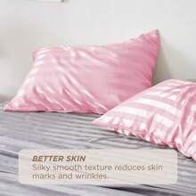 2pcs Luxury Satin Striped Pillowcase Set, Pink, 3cm Striped Jacquard Super Soft Polyester Envelope Pillowcase, Machine Washable, 80-85gsm, Cool & Comfortable, Gentle On Hair & Skin, Hotel Quality Bedding Protector - Pink - View 5