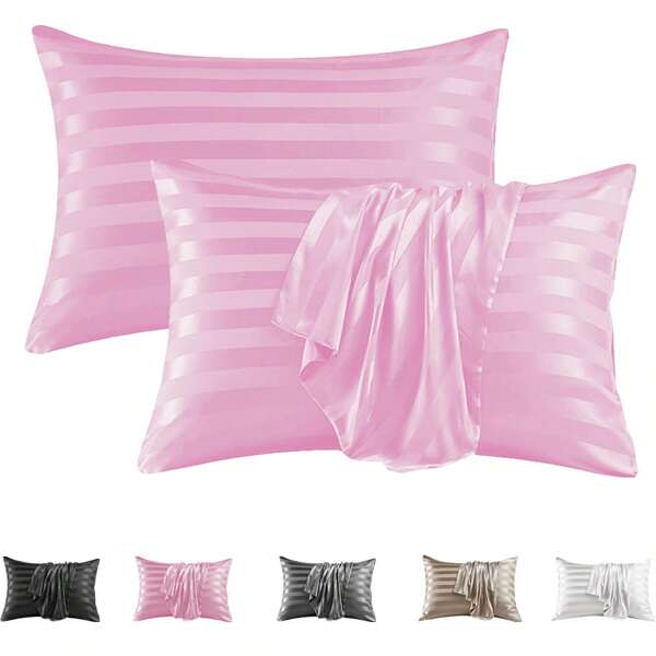 2 Packungen luxuriöse Seidensatin gestreifte Kissenbezüge, rosa 3cm Streifen Jacquard ultra weiche Polyester Kissenbezüge mit Umschlagverschluss, maschinenwaschbar, 80-85 g/m², Kühlung für Haar und Haut, Hotellqualität Kissen Schoner