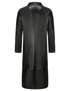 Father's Day Gift Men's Long PU Leather Trench Coat, Over Knee Design, Spring & Autumn - Black - View 2