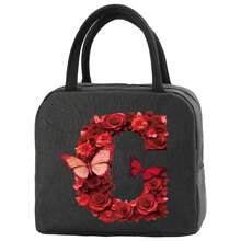Insulation Lunch Bag Aluminum Foil Bento Pack For Work Large Capacity Cooler Bags Women Handbag Red Rose Initial Letter A-Z Print Lunch Box Portable Thermal Picnic Food Bag