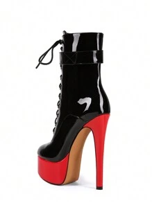 Red High Platform Criss-Cross Lace-Up Side Zip Short Boots