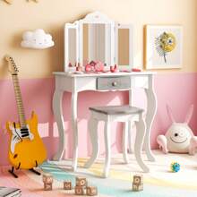Homasis Kids Vanity Set Makeup Table & Chair Tri-Folding Mirror Sweet Accessories - White - View 4