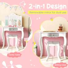 Homasis Kids Vanity Set Makeup Table & Chair Tri-Folding Mirror Sweet Accessories - White - View 5