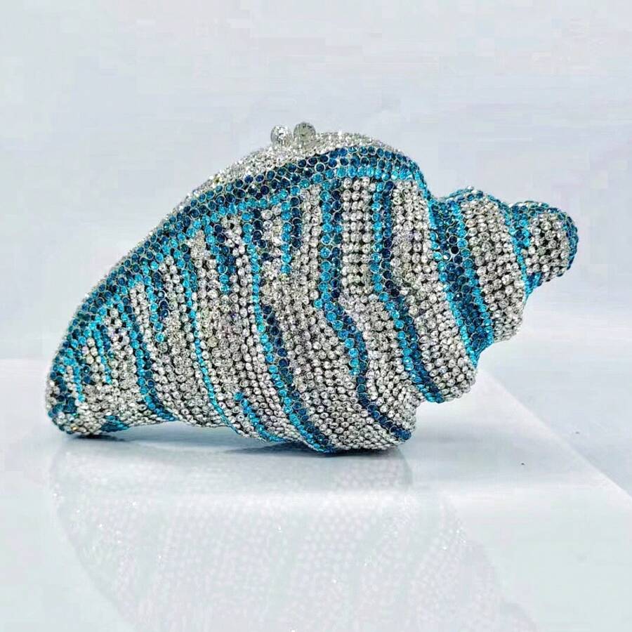 Women Summer Fish Conch Rhinestone Bag Dinner Handbag Sparkly Beach Shell Crystal Evening Clutch For Prom Party - 藍色 - 查看 1