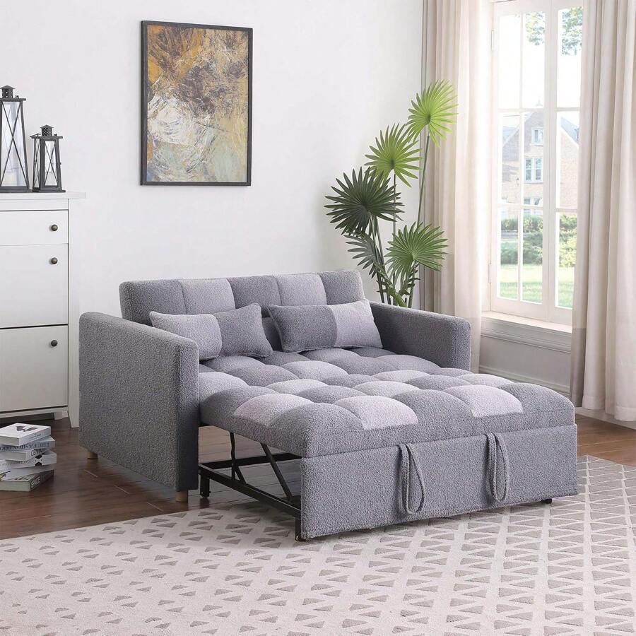 3 In 1 Sleeper Sofa Couch Bed, Small Teddy Convertible Loveseat Futon Sofa Pull Out Bed, Adjustable Backrest, Pillows,For Living Room Apartment