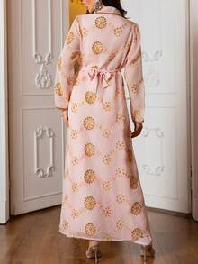 Women's Elegant Long Robe Dress, Sequin Embroidered Traditional Arabic Style - Pink - View 4