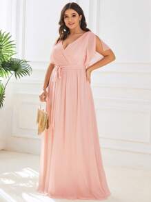 EVERPRETTY Plus Elegant V Neck Pleated Ruffle Sleeves Floor Length Fall Winter Wedding Guest Dresses Pink Bridesmaid Formal Dresses For Party - Baby Pink - View 5