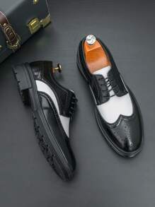 Men's Black & White Patent Leather Brogue Shoes, Lace-Up Thick Sole Elevated Business/Formal Office Dress Shoes, Suitable For Weddings, Parties, Saturday Night Balls, Groom's Wedding Shoes - Black and White - View 10