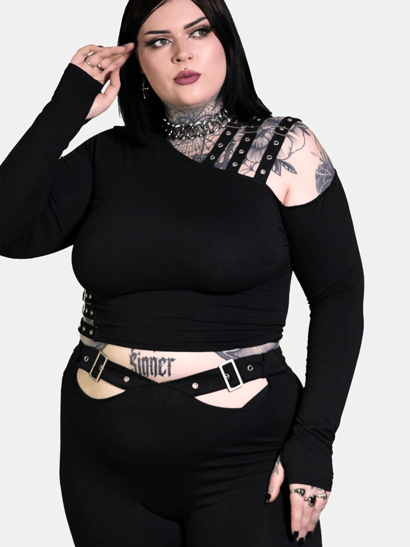 Plus Size Gothic Top Women's Lace-Up Corset Shirt With Cut Out Details - Sexy Dark Academia Bat Wing Sleeve Blouse (Sizes 1X-5X) - 黑色 - 查看 1