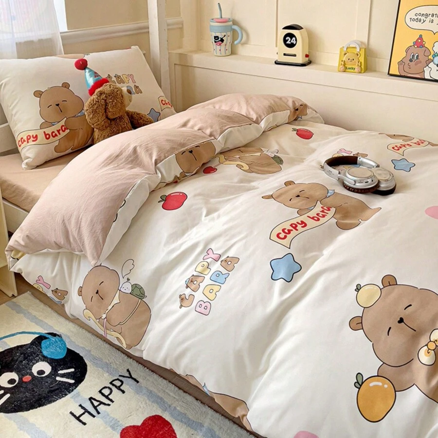 4 قطع طقم أغطية سرير للأطفال، أغطية لحاف مطبوعة برسومات كابيبارا الكرتونية للبنات والأولاد، طقم أغطية سرير جميل مطبوع بحيوان الكابيبارا والثمار للديكور الداخلي (1 غطاء لحاف + 1 اغطية سرير + 2 غطاء وساده، بدون حشو)