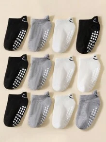 12 Pairs Baby Cartoon Smiling Face Slip-On Socks, Toddler Unisex Ankle Socks (Black, White, Grey)
