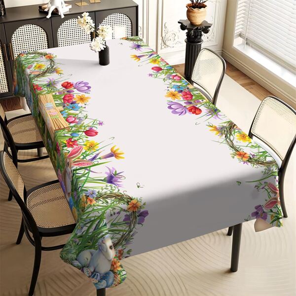 1/20 szt. Obrus z motywem wielkanocnym, Obrus z motywem kwiatowym i zajączkiem, Obrus z motywem wielkanocnym, Dekoracja stołu wiosennego, Wystrój domu, Prezent wielkanocny