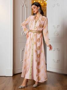 Women's Elegant Long Robe Dress, Sequin Embroidered Traditional Arabic Style - Pink - View 2