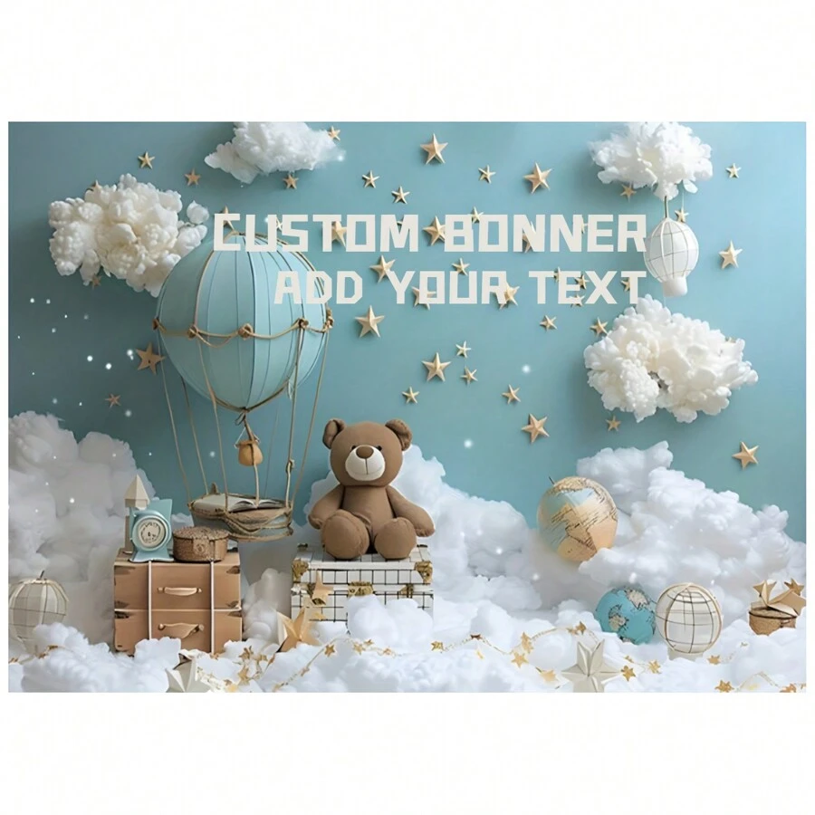 [Custom Made] Pink Hot Air Balloon Bear Background For 1st Birthday Party Decoration, Colorful Balloon Photo Studio Backdrop, No Electricity Required - Multicolor - View 1