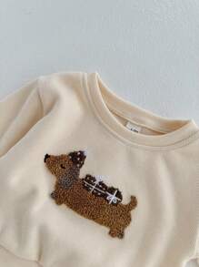 女婴两件套可爱腊肠犬刺绣长袖连帽衫 + 长裤，春夏