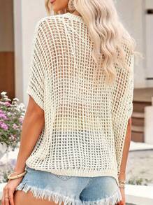 Vacation Clothing Women's Summer Fashion All-Match Hollow Hot Loose Solid Color Pullover Top - View 6