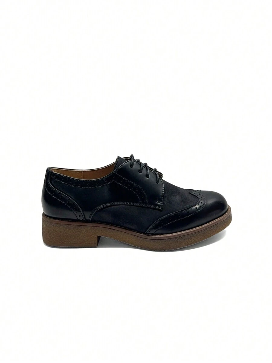 女士纯色系带简约粗跟休闲平底鞋，日常穿着 - 黑色 - 查看 1