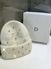 1 szt. Ciężka zdobiona futrem królika i czapką z kryształkami, ciepła, gruba, modna, uniwersalna, słodka, dzianinowa czapka na jesień/zimę