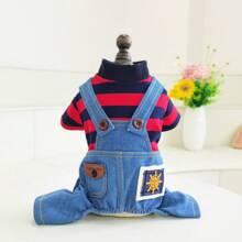 Salopette en denim bleu clair rayé pour animaux de compagnie, combinaison pour chiens et chats - Rouge - Voir 4