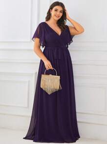 EVERPRETTY Plus Elegant Fall Winter V Neck Pleated Ruffle Sleeves Purple Wedding Guest Dresses Formal Dresses For Dinner Party