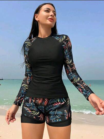 Conjunto feminino de mangas longas para surfe, 2 peças, traje de surfe, roupa de mergulho, cores contrastantes e estampas tropicais para férias de verão na praia
