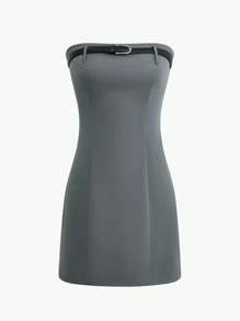 净色系带露肩休闲迷你连衣裙 - 灰色 - 查看 1