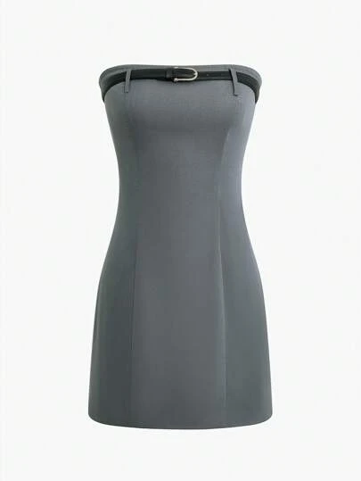 净色系带露肩休闲迷你连衣裙