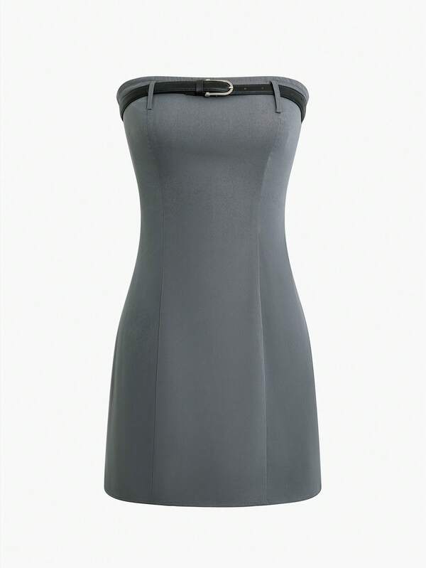 Solid Belted Strapless Casual Mini Dress