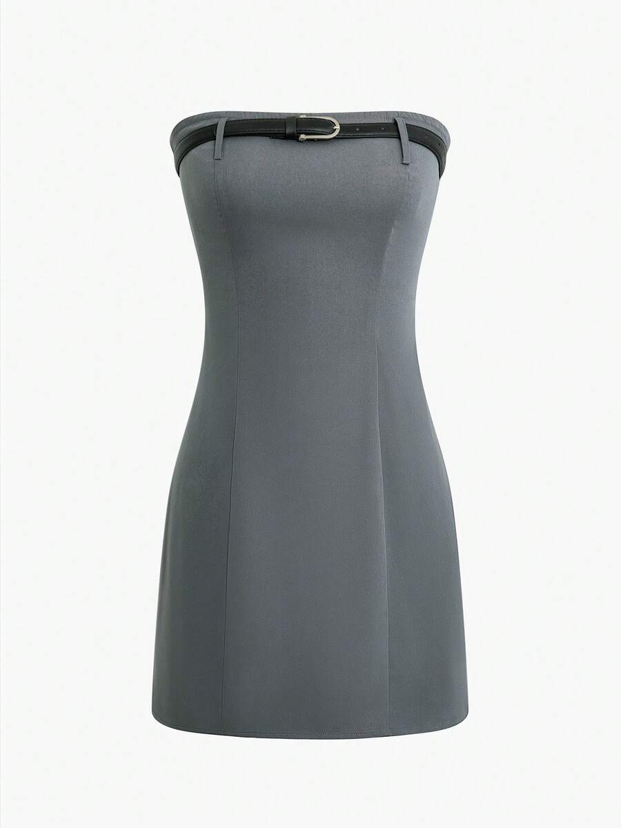 净色系带露肩休闲迷你连衣裙 - 灰色 - 查看 1