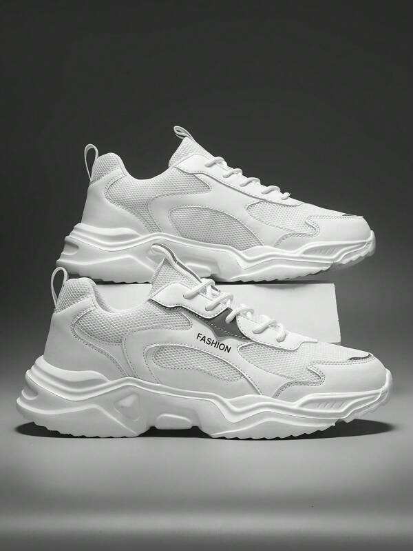 Men's Fashionable Letter Print Solid Color Leather & Mesh Splice Low Top Lace-Up Casual Sneakers, Personalized Versatile Outdoor Comfortable Running Shoes