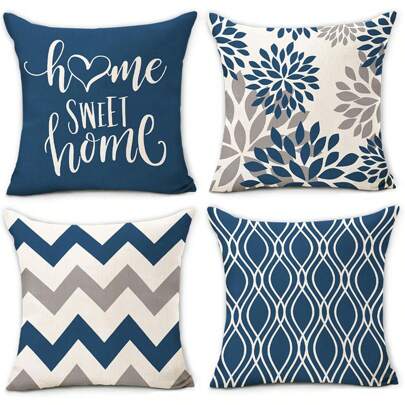 4pcs Blue Geometric Pattern Throw Pillow Covers - Sofa Decorative Cushion Covers, Outdoor Home Decor Pillow Shams, Single-Sided No Insert, Floral Holiday Decorative Pillow Cases (16"X16" 18"X18" 20"X20") (12"X20")