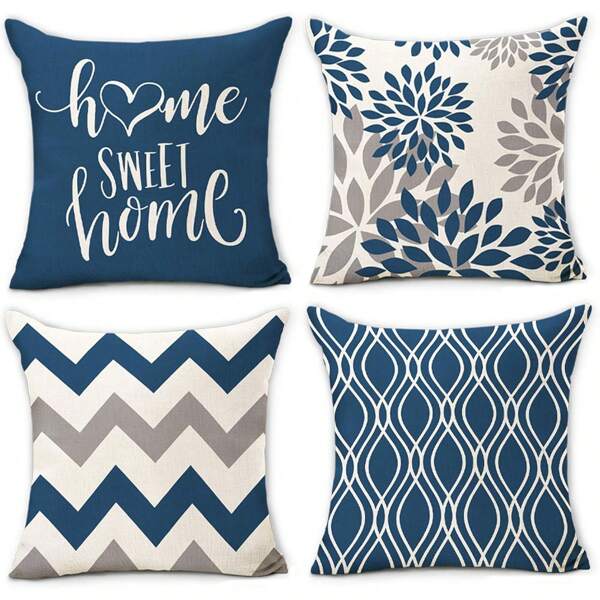 4PCS Blue Pillowcase, Geometric Throw Pillow Pillowcase - Sofa Decoration Pillowcase, Cushion Cover Outdoor Home Decoration, One Side Without Pillow Core Floral Holiday Decorative Pillow Covers. (16in*16in 18in*18in 20in*20in)(12in*20in)