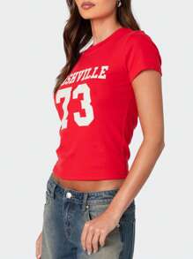 Women's Summer Casual Short Tops Short Sleeve Round Neck Letter Number Print T-Shirt - Red - View 4