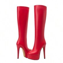 Women's Red High Heel Platform Zipper Ankle Boots - Red - View 5