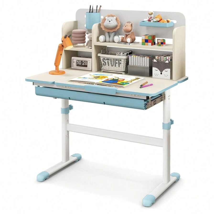 Homasis Kids Multifunctional Study Table Study Desk W/ Tiltable Desktop Book Stand - Blue - View 1