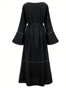 Ramadan Contrast Trim V-Neck Belted Abayas, Elegant Flare Sleeve Maxi Length Dress, Women's Clothing,Modest - Black - View 2