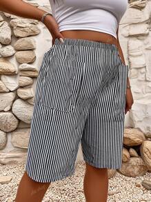 Short ample décontracté confortable avec taille élastique, imprimé rayé de plage de style classique, pour le printemps/été, grande taille