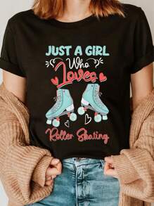 Just A Girl Who Loves Roller Skating T-Shirt Round Neck Short Sleeve T-Shirt Women's Men's Graphic Tee